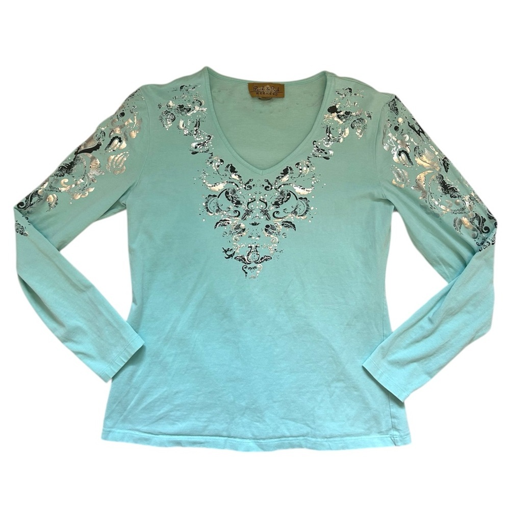 Peck & Peck Women's Medium Y2K Aqua Graphic Long Sleeve Top